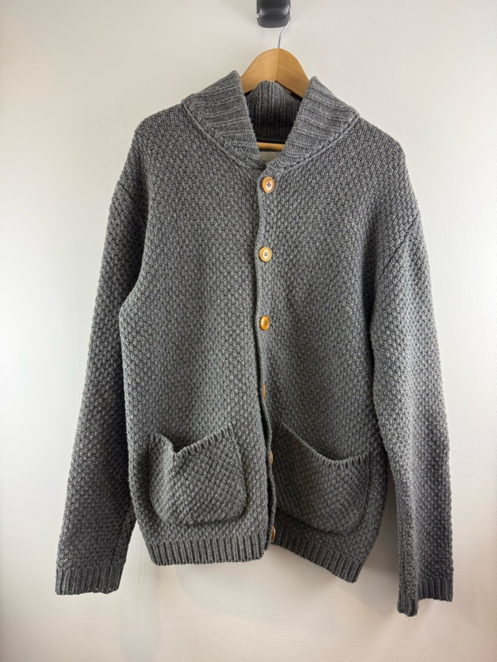 Oliver Spencer Grey Lambswool Britten Shawl Cardigan Suede Elbow Patch - Large